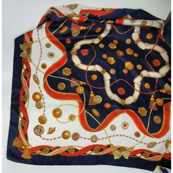 Italian Blue Framed Scarf Wrap Medallions Tassels 44" Square Vintage Polyester - Picture 6 of 11